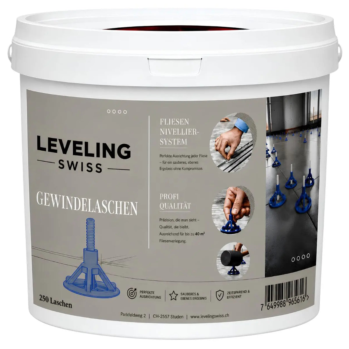 LEVELING SWISS Gewindelaschen 250 Stück – Systemkomponente für eine präzise und lippagefreie Fliesenverlegung.