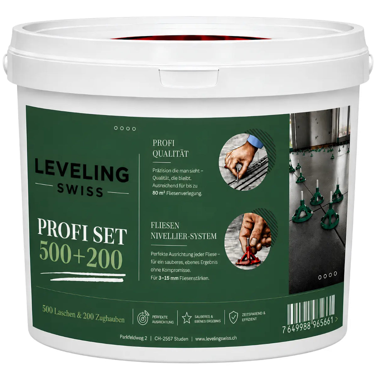 LEVELING SWISS Profi Set 500+200 mit Gewindelaschen und Zughauben für präzise Fliesenverlegung.