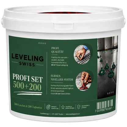 LEVELING SWISS Profi Set 500+200 mit Gewindelaschen und Zughauben für präzise Fliesenverlegung.