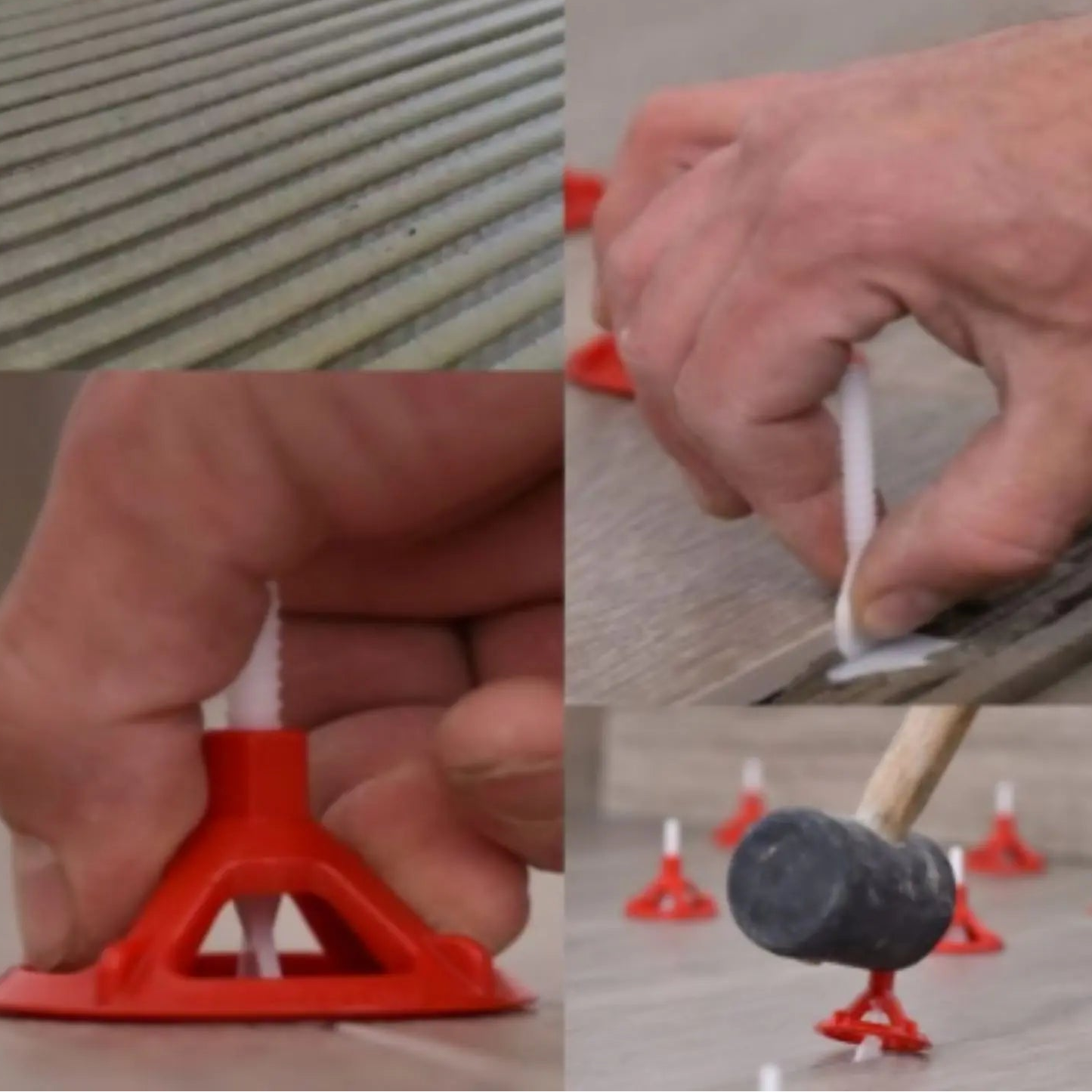 Collage zur Anwendung des Leveling Swiss Systems mit Fliesenkleber, Gewindelaschen, Zughauben und Entfernen der Laschen nach der Aushärtung.