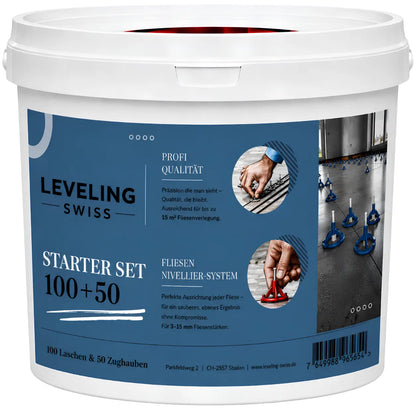 LEVELING SWISS Starter Set mit Zughauben und Gewindelaschen für präzise Fliesenverlegung.