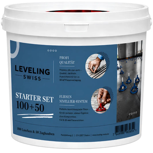 LEVELING SWISS Starter Set mit Zughauben und Gewindelaschen für präzise Fliesenverlegung.