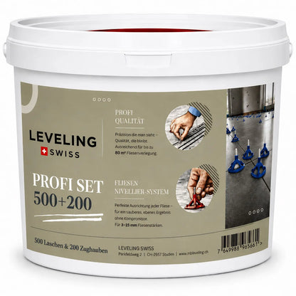 LEVELING SWISS Profi Set 500+200 mit Gewindelaschen und Zughauben für präzise Fliesenverlegung.