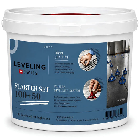 LEVELING SWISS Starter Set mit Zughauben und Gewindelaschen für präzise Fliesenverlegung.